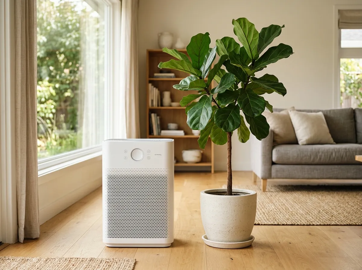 HEPA air purifier next to a collection of houseplants in a modern living room