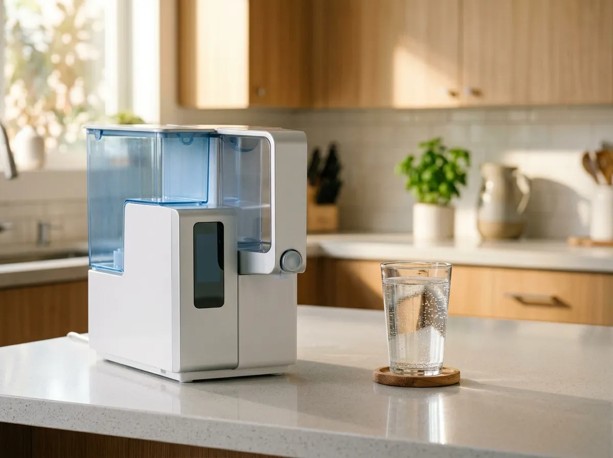 AquaTru countertop reverse osmosis water filter on a kitchen counter next to a glass of water
