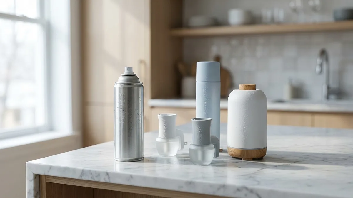 A plug-in air freshener plugged into a wall outlet in a living room