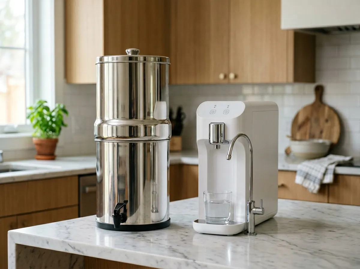 Berkey gravity water filter and AquaTru countertop RO system side by side on a kitchen counter