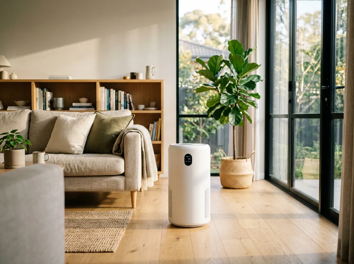 Modern air purifier in a bright living room