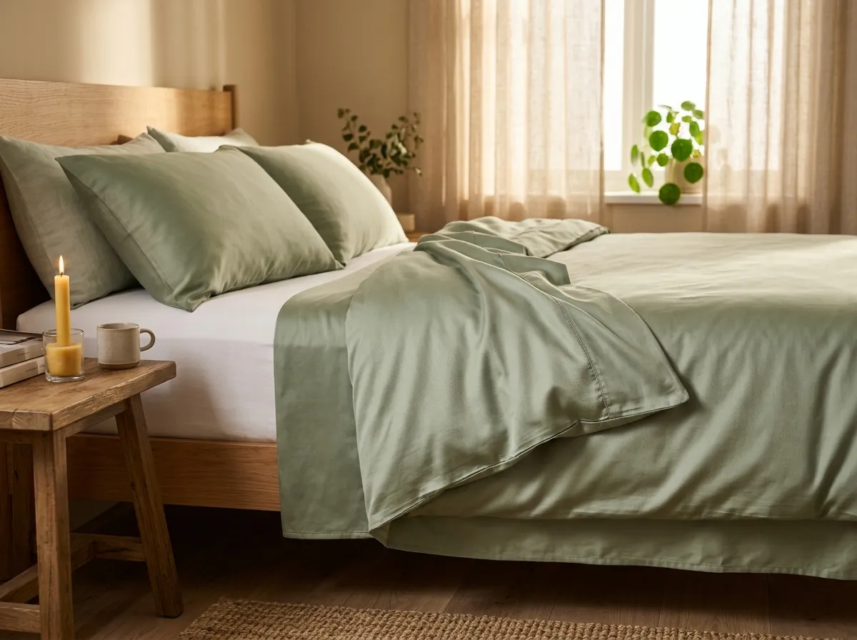 Close-up of bamboo fabric texture with a bamboo plant in the background