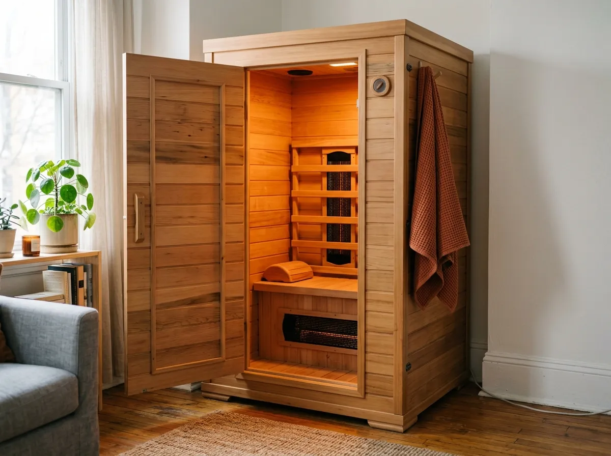 Wooden infrared sauna in a home setting with the door open