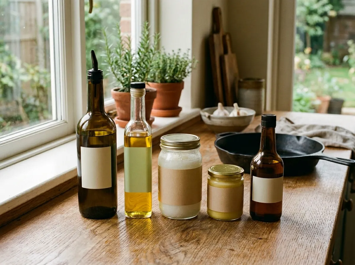 Glass bottles of cooking oils on a kitchen counter with fresh herbs