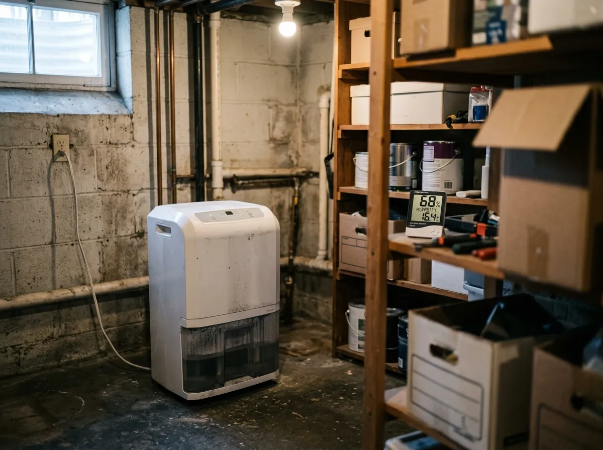 Dehumidifier running in a clean basement next to a humidity monitor