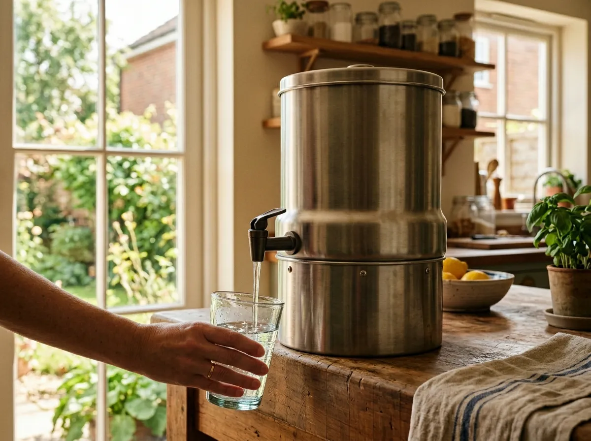 Big Berkey stainless steel gravity water filter on a kitchen counter