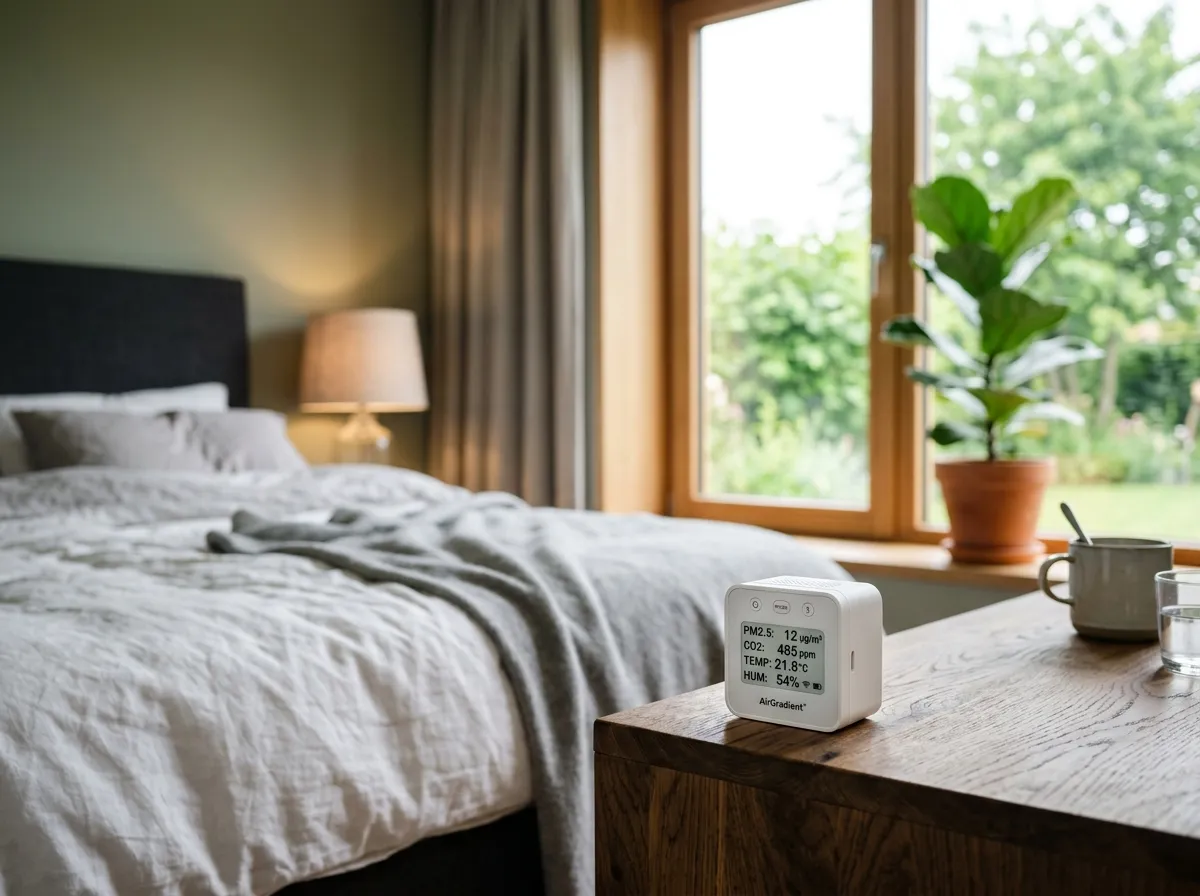 Indoor air quality monitor displaying readings on a shelf in a modern living room