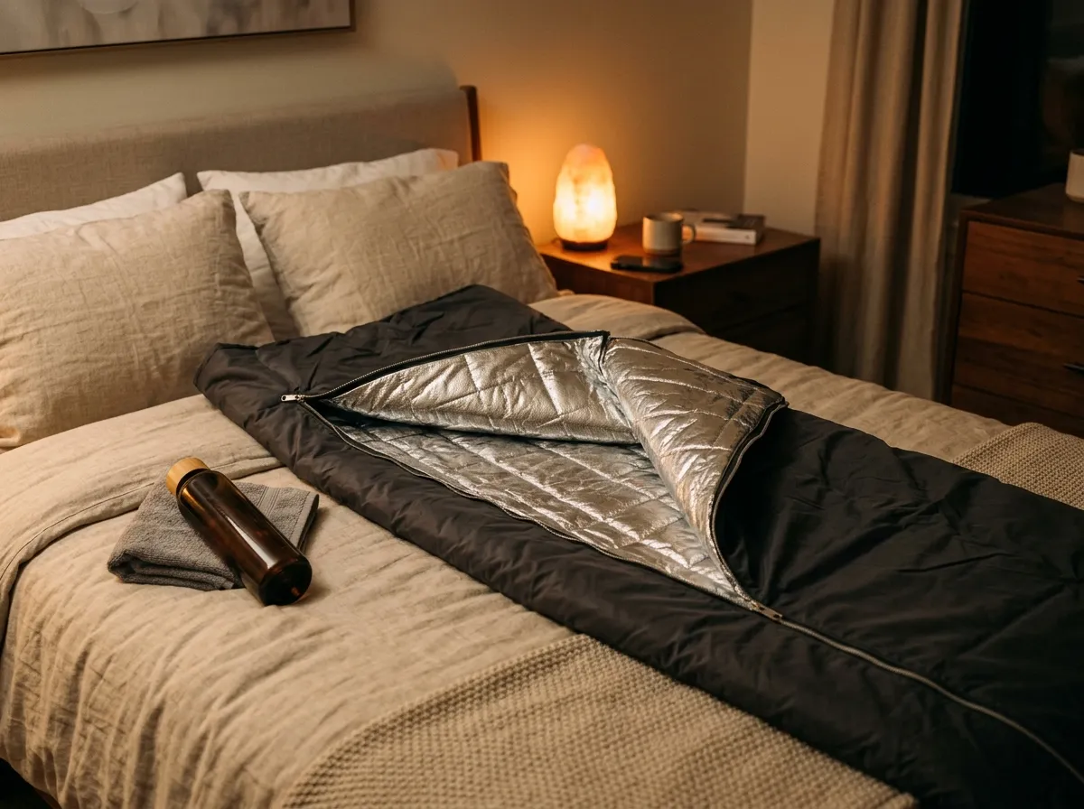 Infrared sauna blanket unrolled on a clean bed