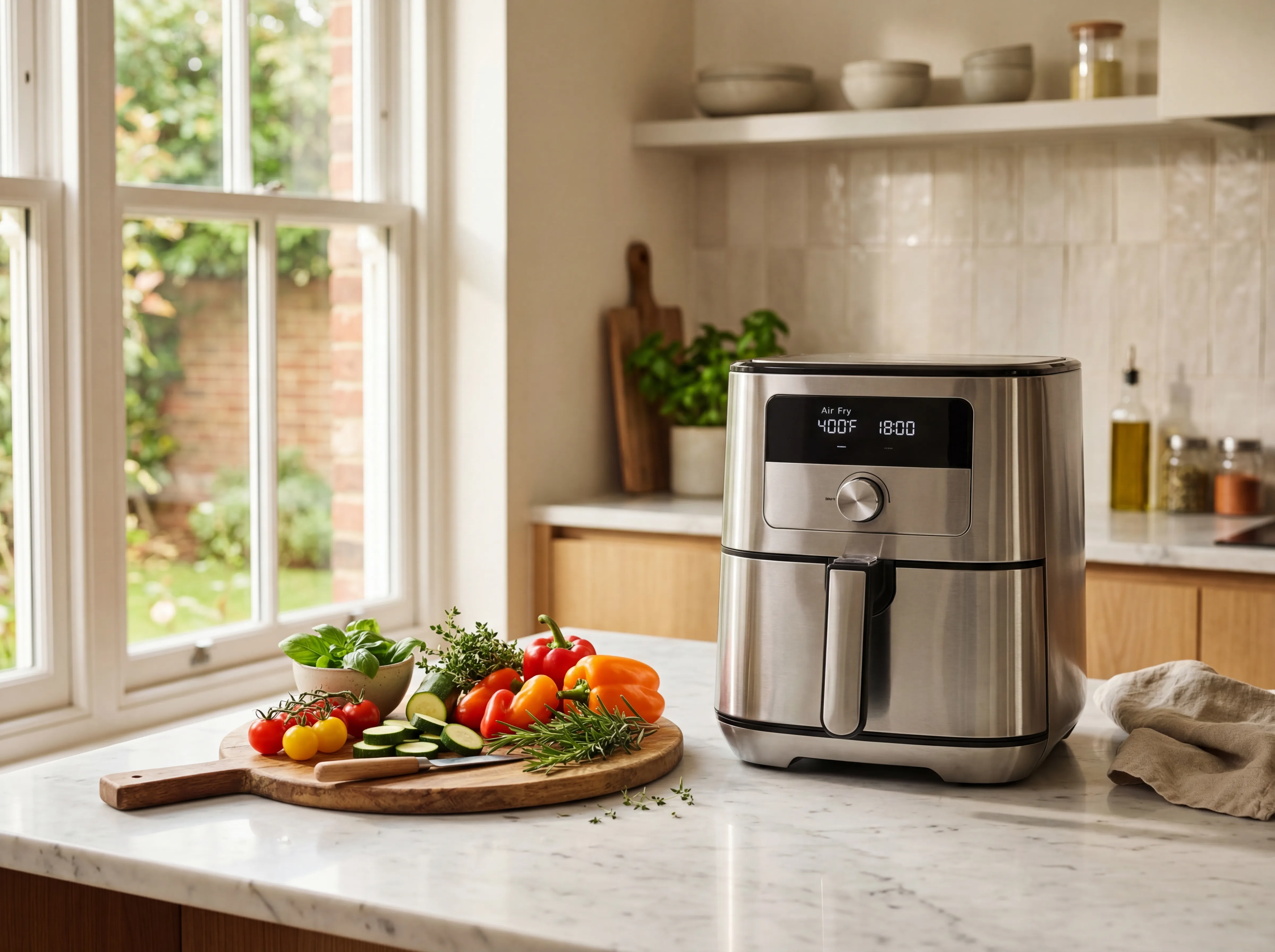 Non-toxic stainless steel air fryer on a modern kitchen countertop