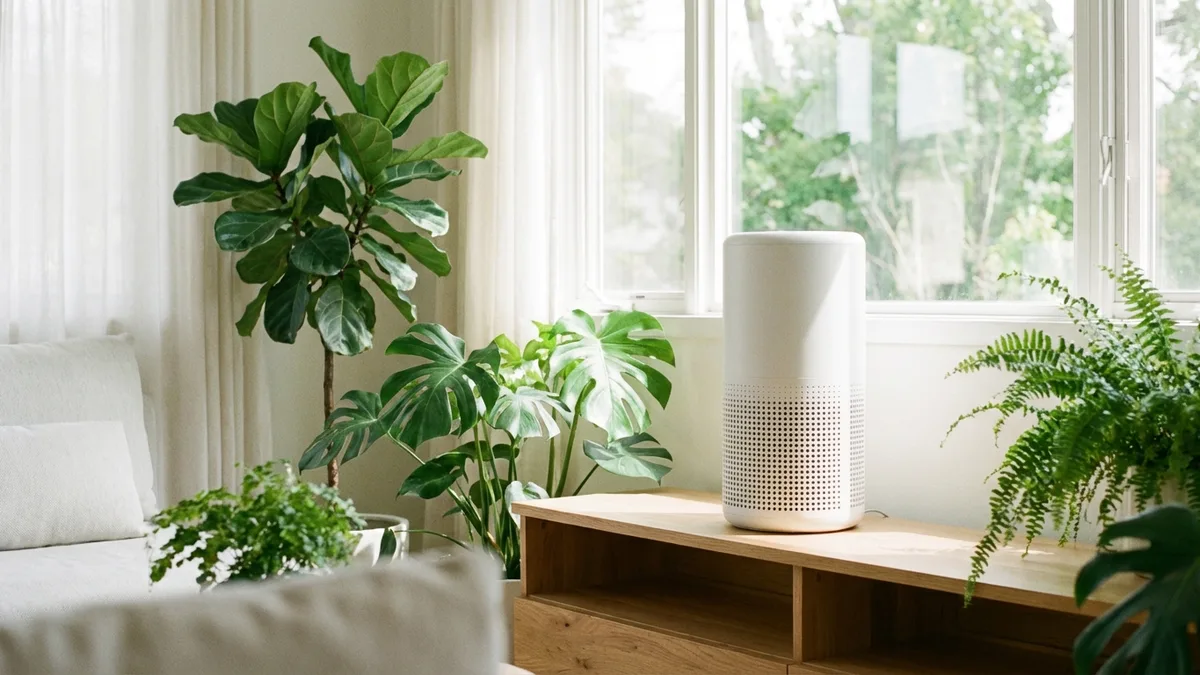 White HEPA air purifier in a bright living room next to a couch and houseplants