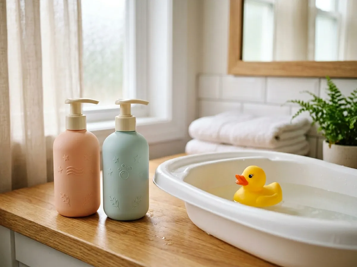 Non-toxic baby shampoo bottles next to a baby bathtub with rubber duck