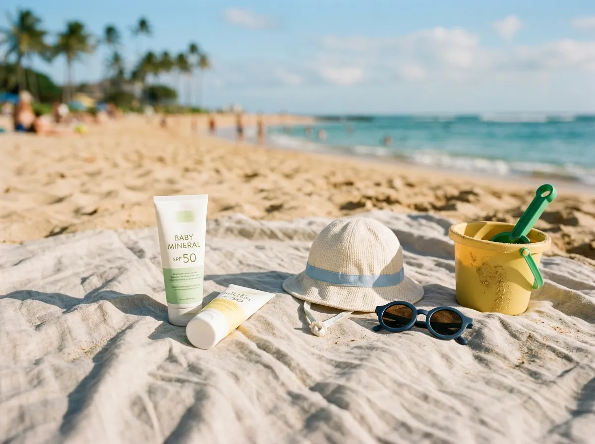 Baby sunscreen bottles on a beach towel with sun hat