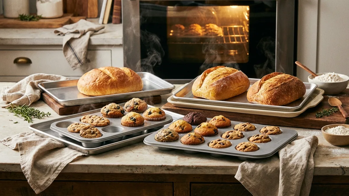 Stainless steel and aluminized steel baking sheets and muffin tins on a kitchen counter
