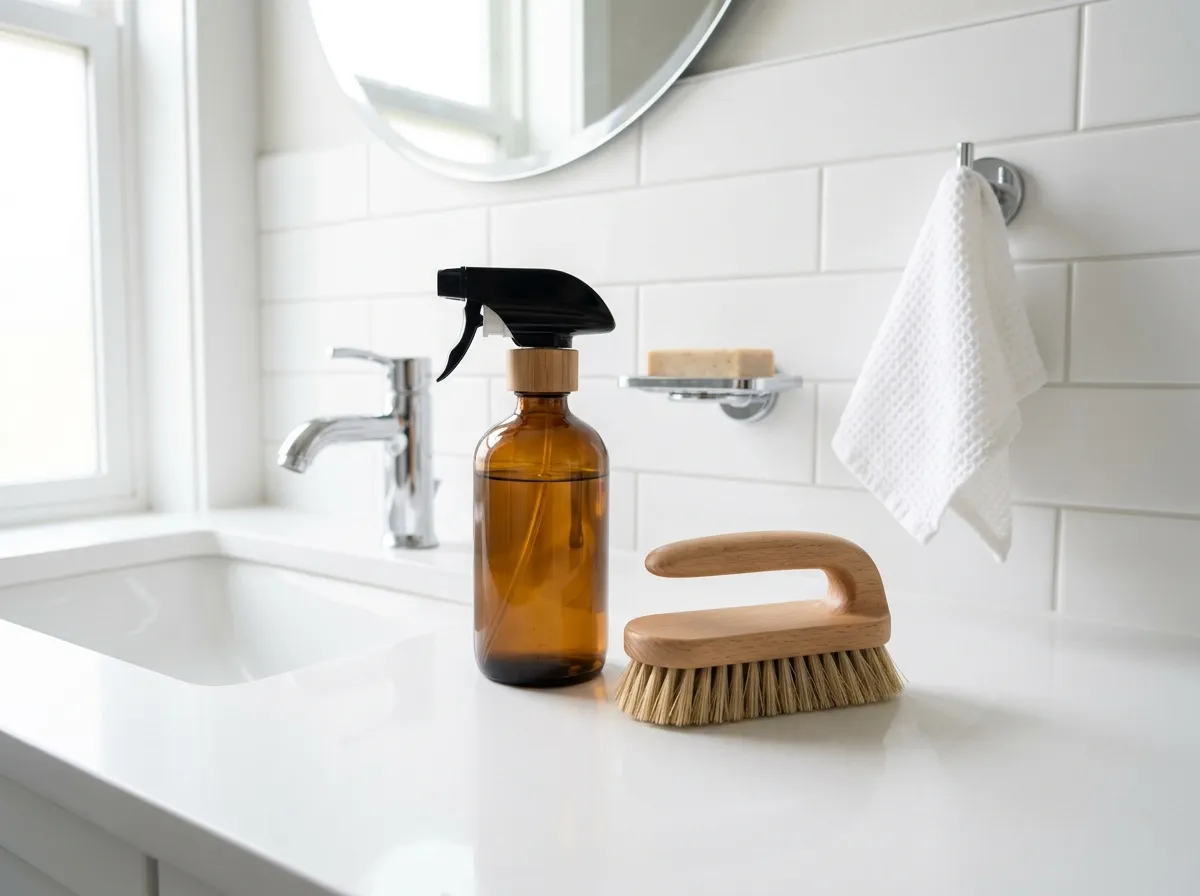 Non-toxic bathroom cleaning products arranged on a clean bathroom counter