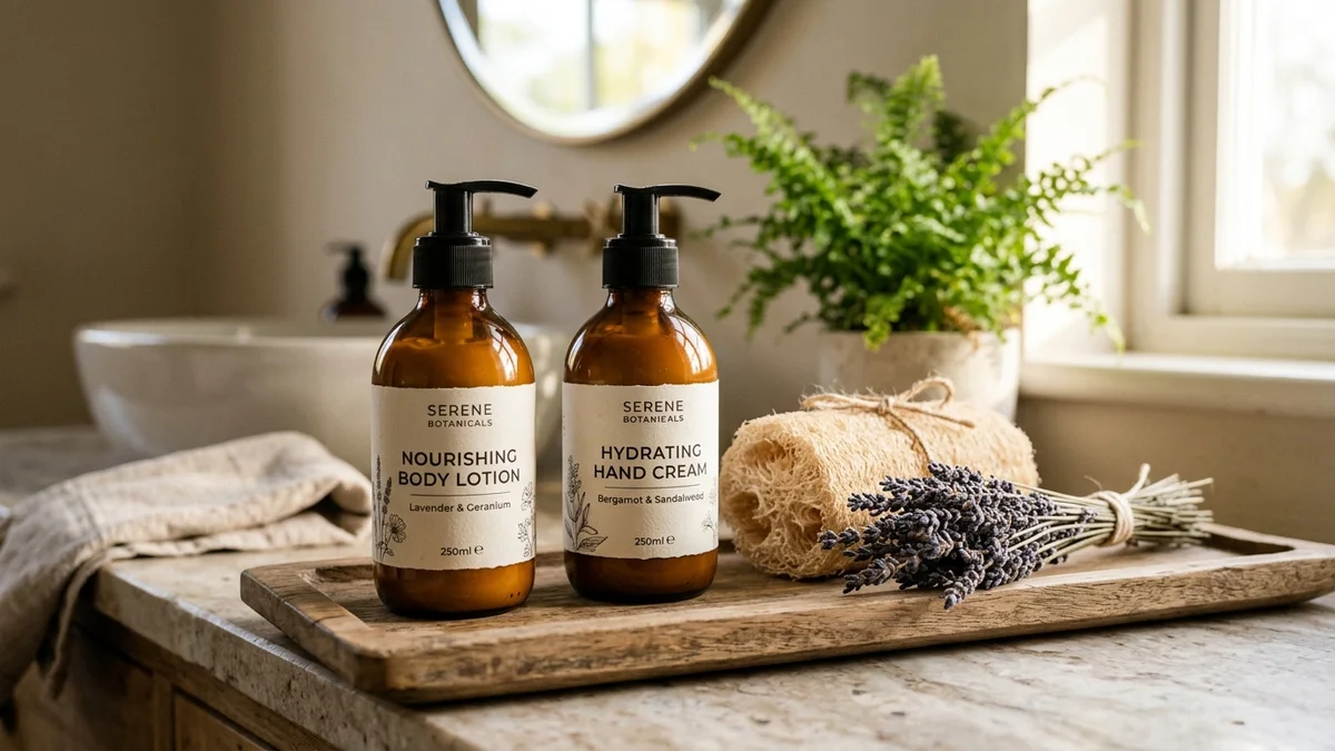 Non-toxic body lotion bottles on a bathroom countertop with natural ingredients