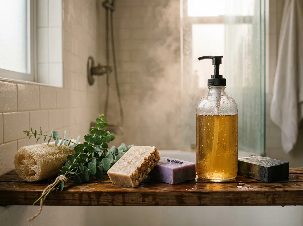 Non-toxic body wash bottles and bar soap on a wooden shower shelf