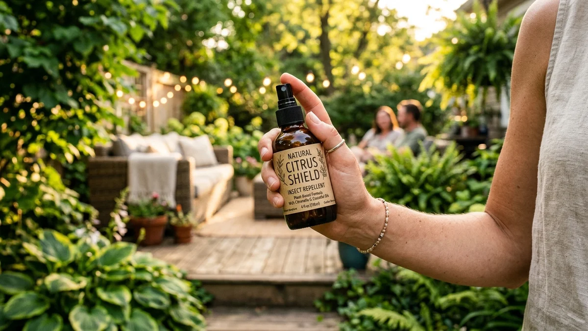 Non-toxic bug spray bottle next to outdoor camping gear