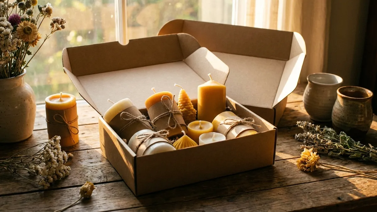 Gift-wrapped non-toxic soy and beeswax candles with dried flowers and ribbon on a wooden surface