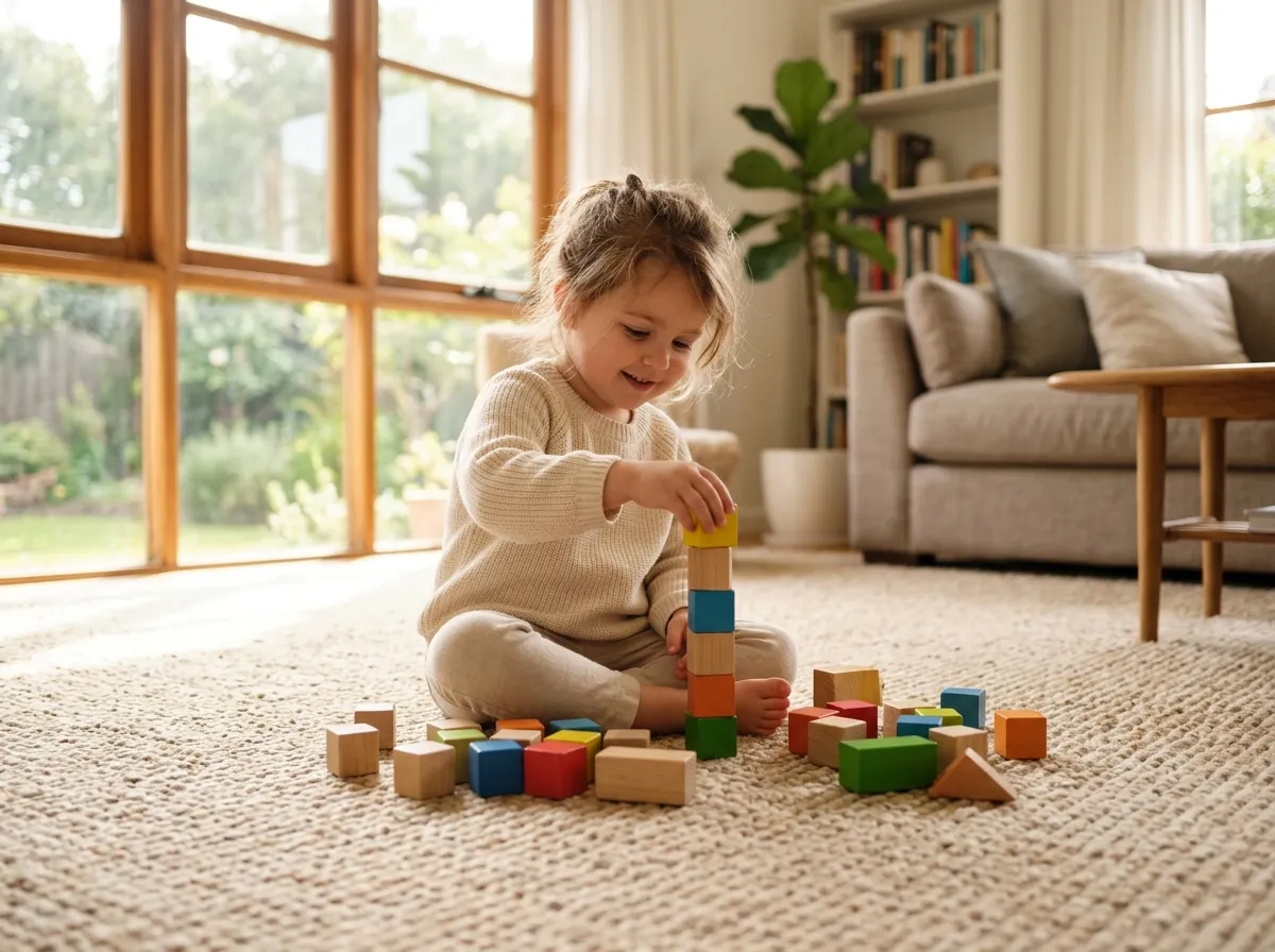 Natural wool carpet in a bright living room with a child playing on the floor