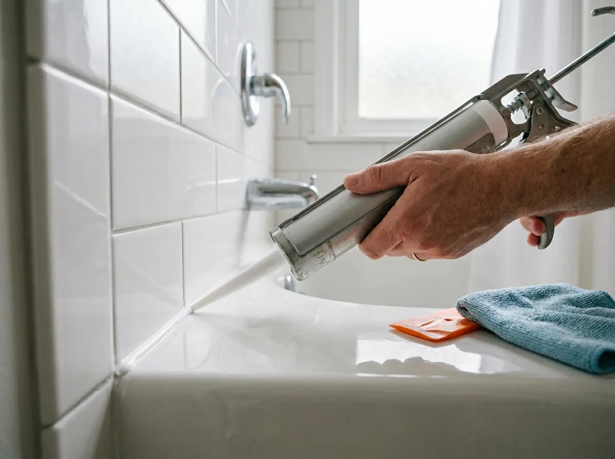 Applying non-toxic caulk along a kitchen countertop backsplash joint