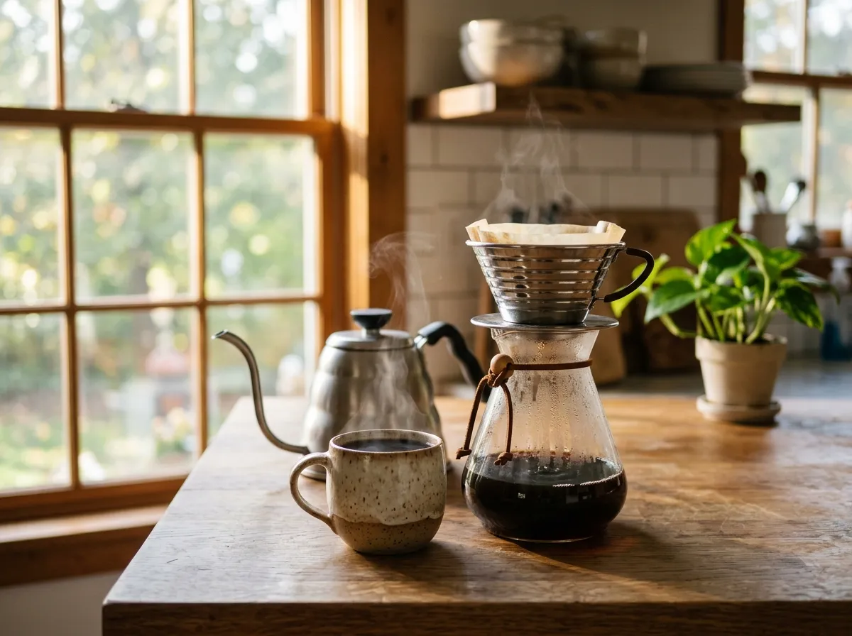 Non-toxic glass and stainless steel coffee makers on a kitchen counter