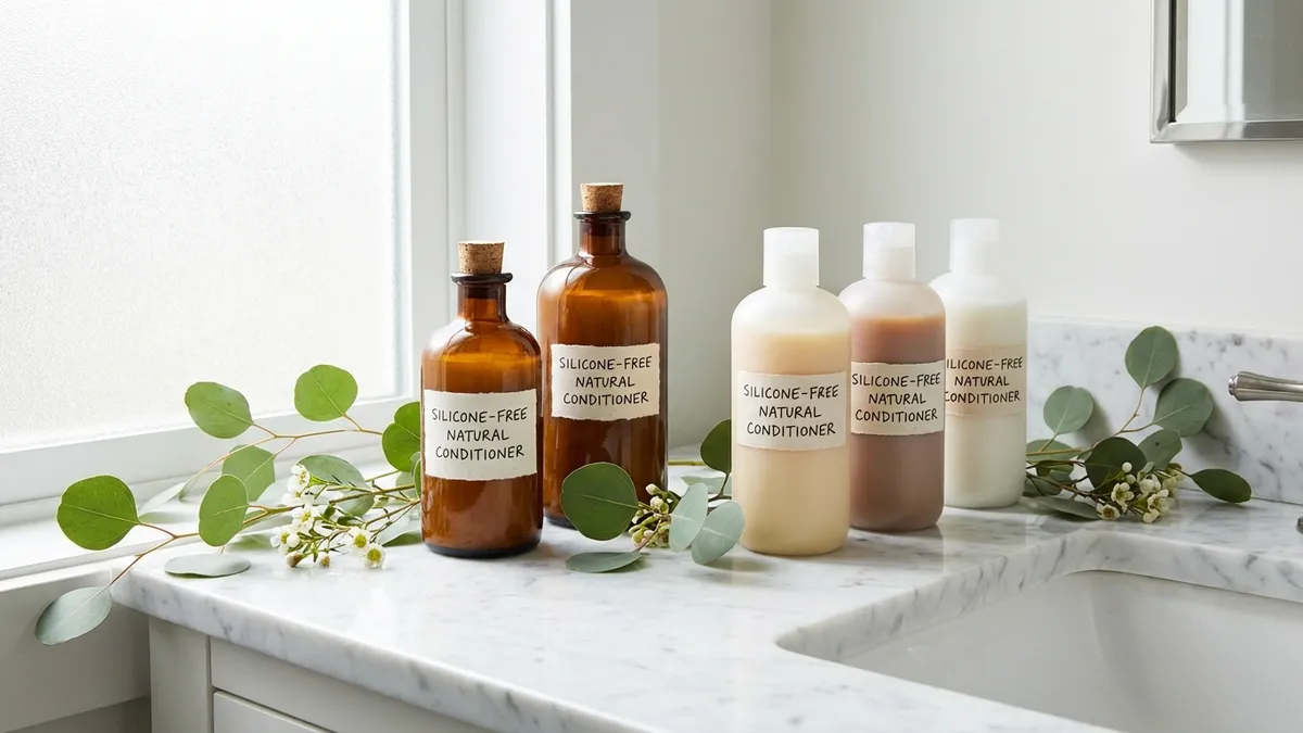 Natural conditioner bottles next to combs and fresh herbs on a marble bathroom counter