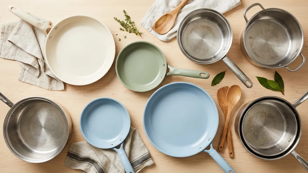 Cast iron skillet and stainless steel pan on a wooden cutting board in a kitchen