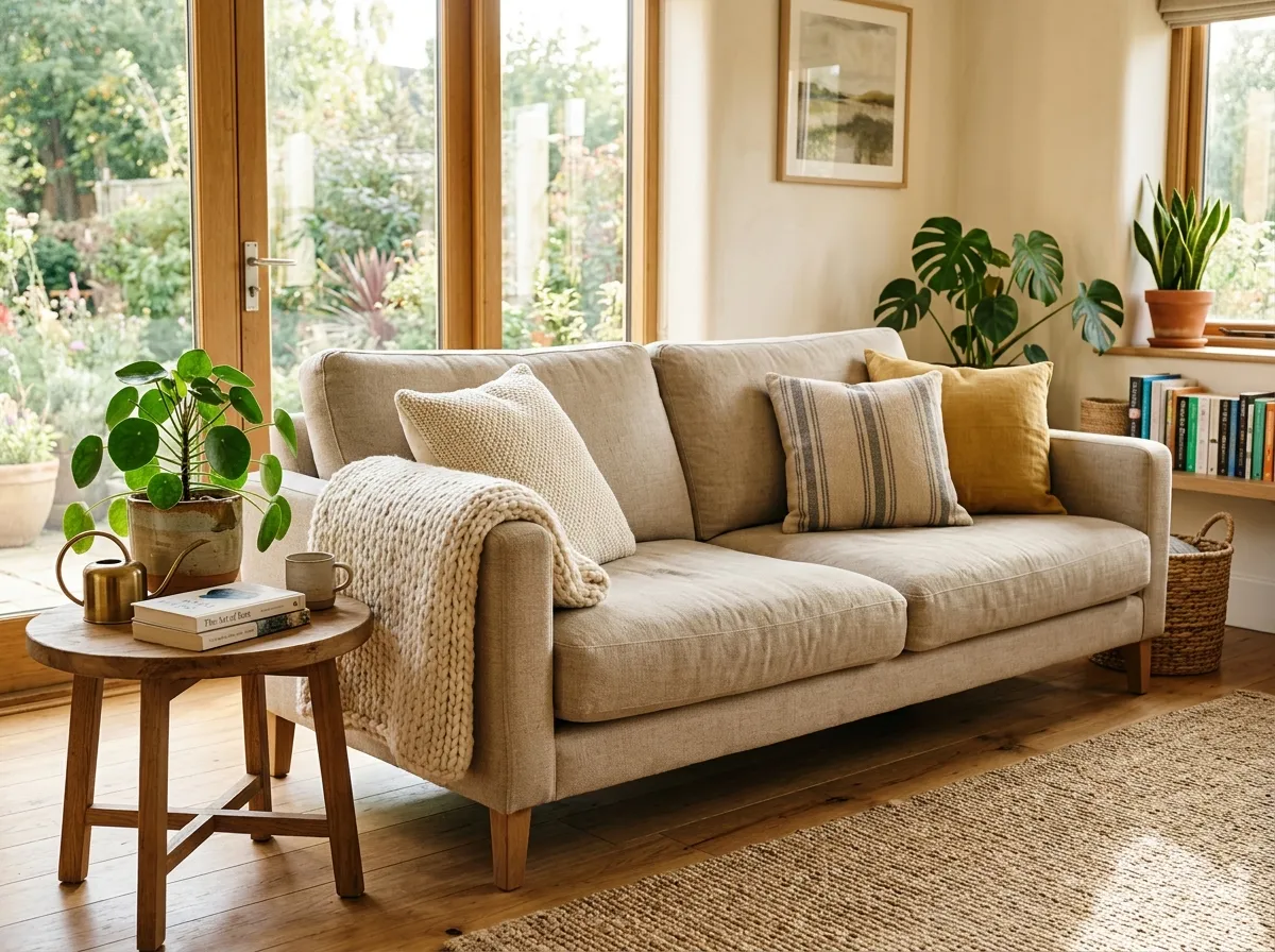 Modern non-toxic sofa in a bright living room with natural materials
