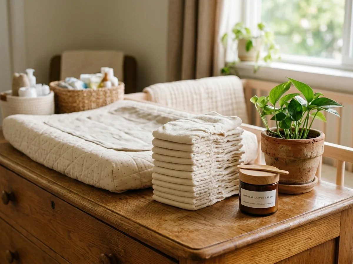 Stack of non-toxic disposable diapers next to a baby changing pad