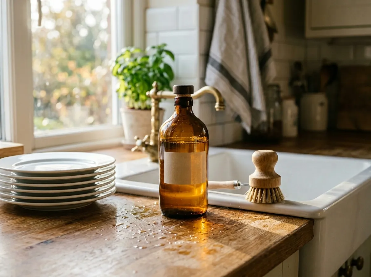 Non-toxic dish soap bottles next to a kitchen sink with clean dishes