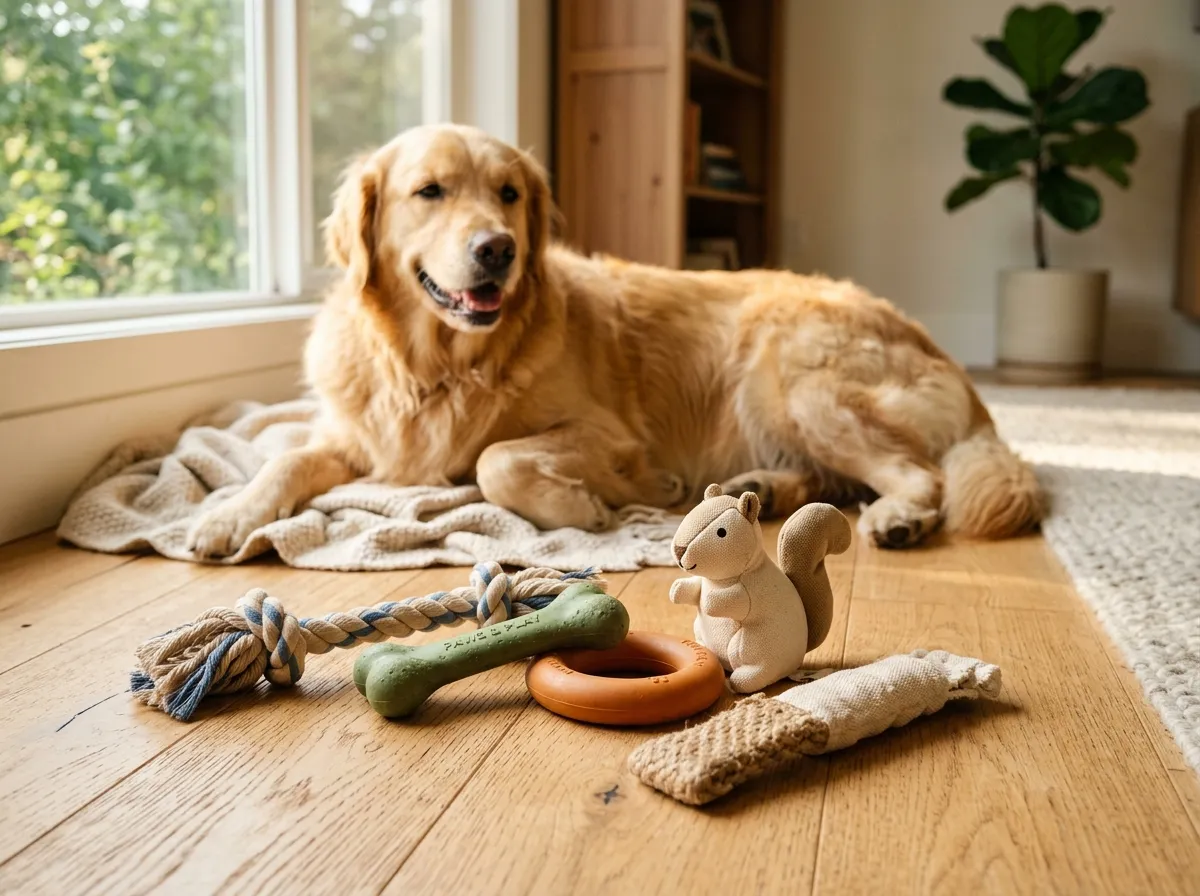 Natural rubber and non-toxic dog toys on a grassy lawn
