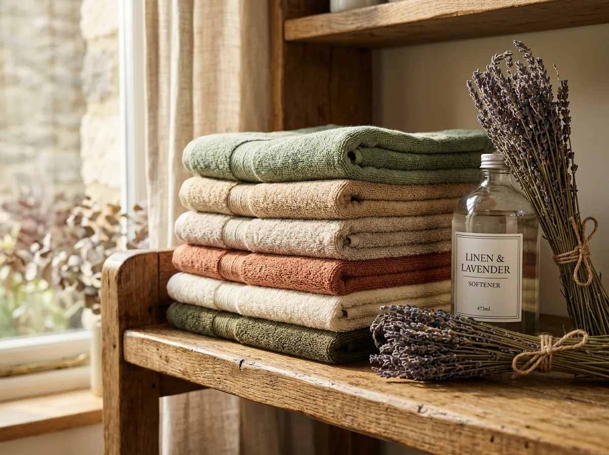 Non-toxic fabric softener bottles next to a pile of fresh laundry