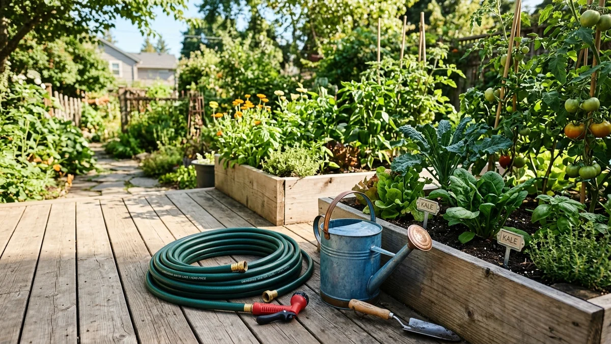 Non-toxic lead-free garden hose in backyard garden