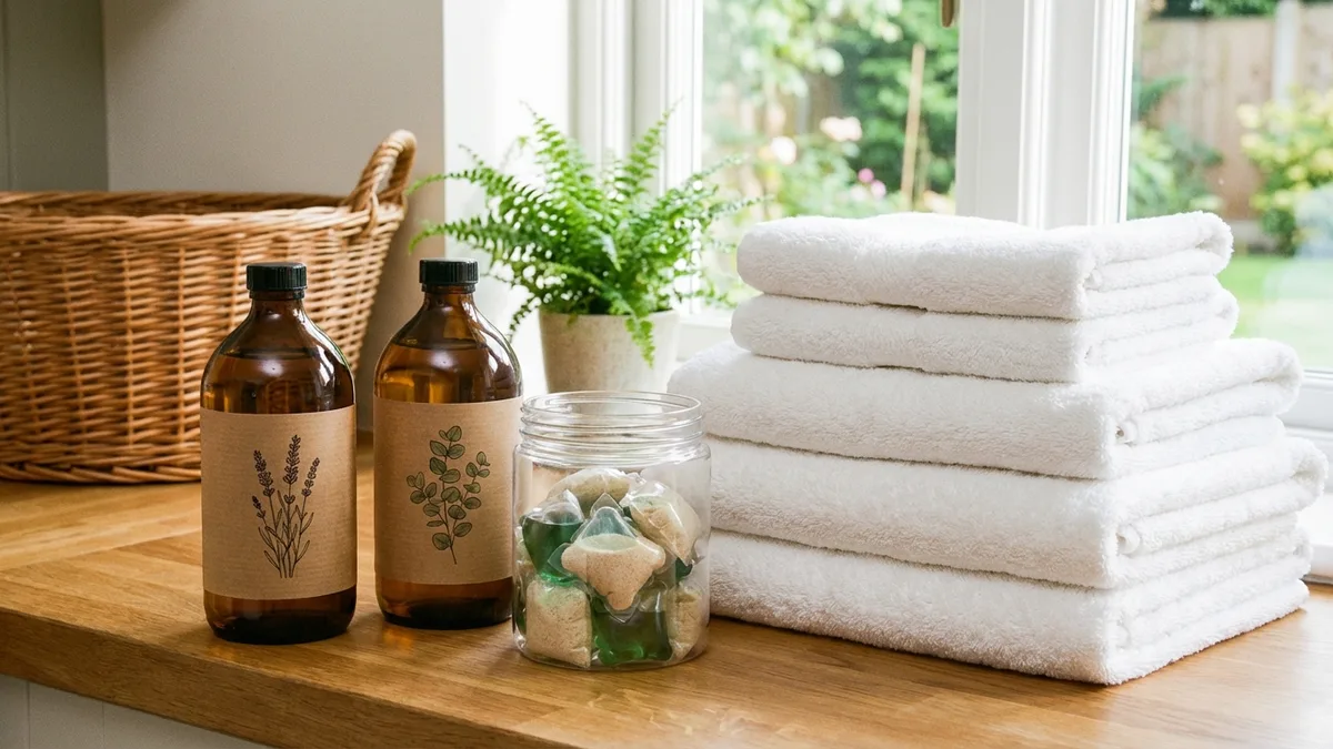 Non-toxic laundry detergent bottles and pods on a shelf next to folded white towels