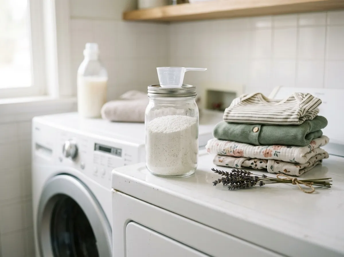 Gentle laundry detergent bottles next to folded soft towels