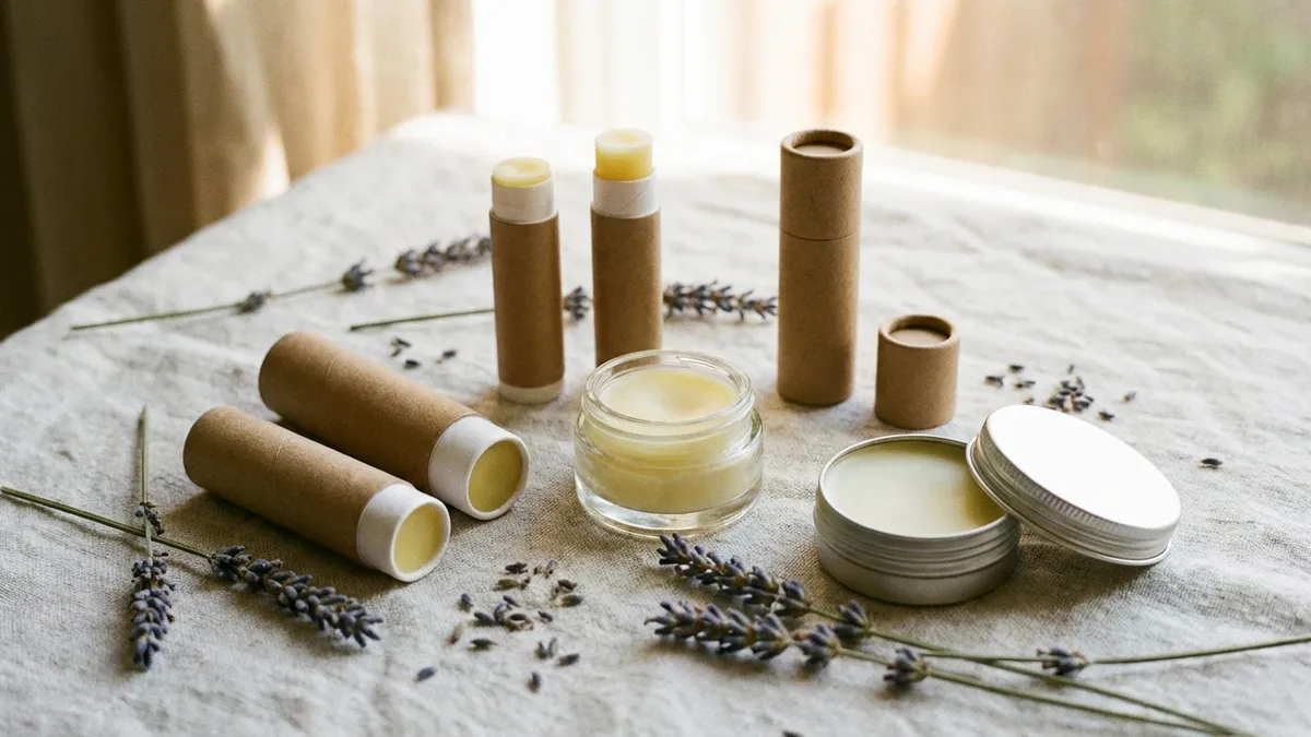 Natural beeswax and shea butter lip balms in minimal packaging on a linen cloth