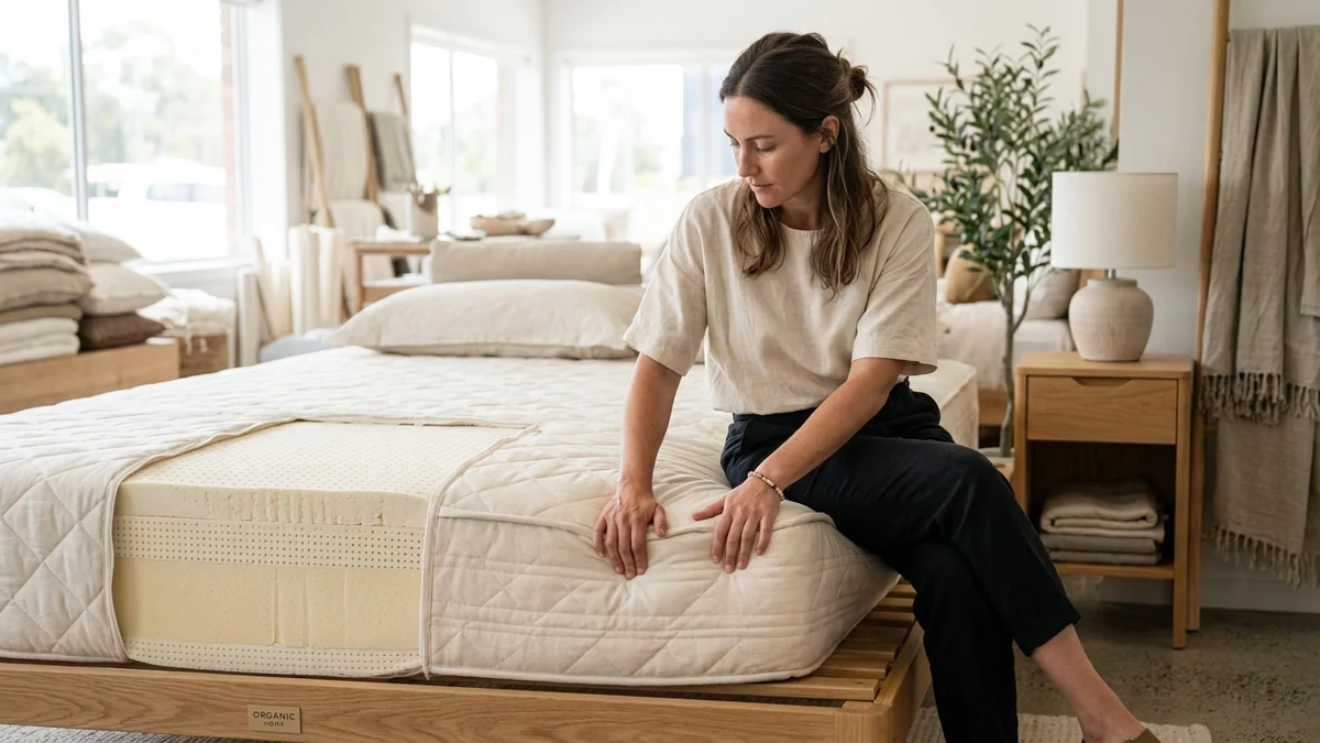 Non-toxic organic mattress on a wooden bed frame in a bright bedroom