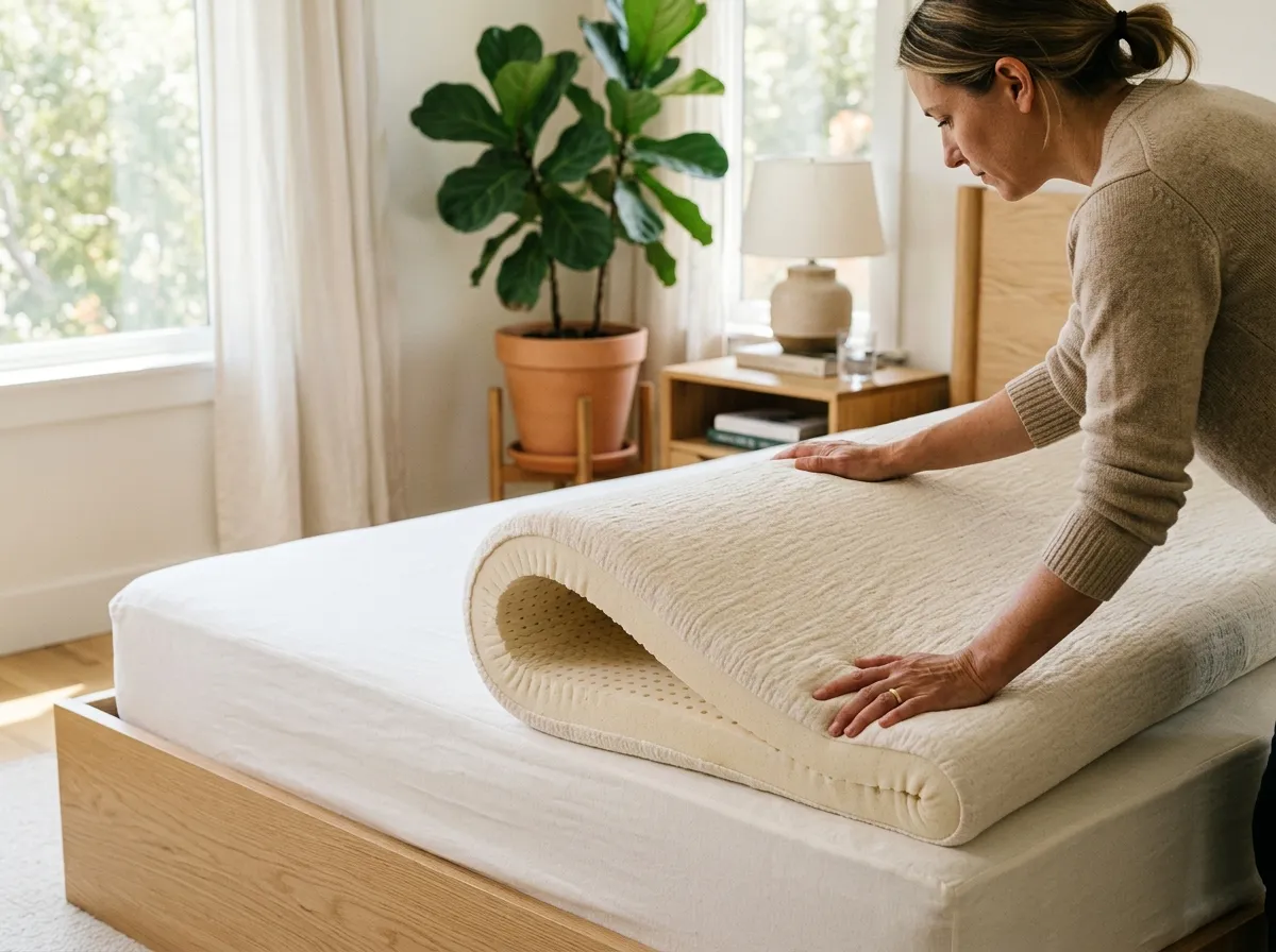 Organic latex mattress topper on a bed in a clean, minimalist bedroom