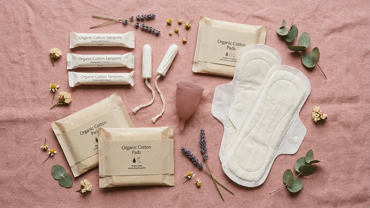 Organic cotton non-toxic tampons and pads on bathroom counter