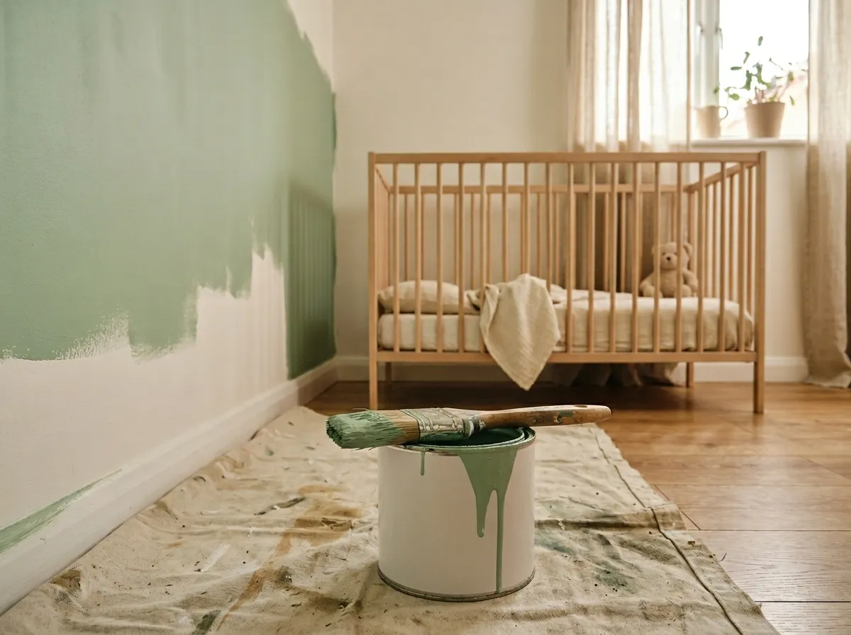 Freshly painted nursery in soft colors with a crib and natural light