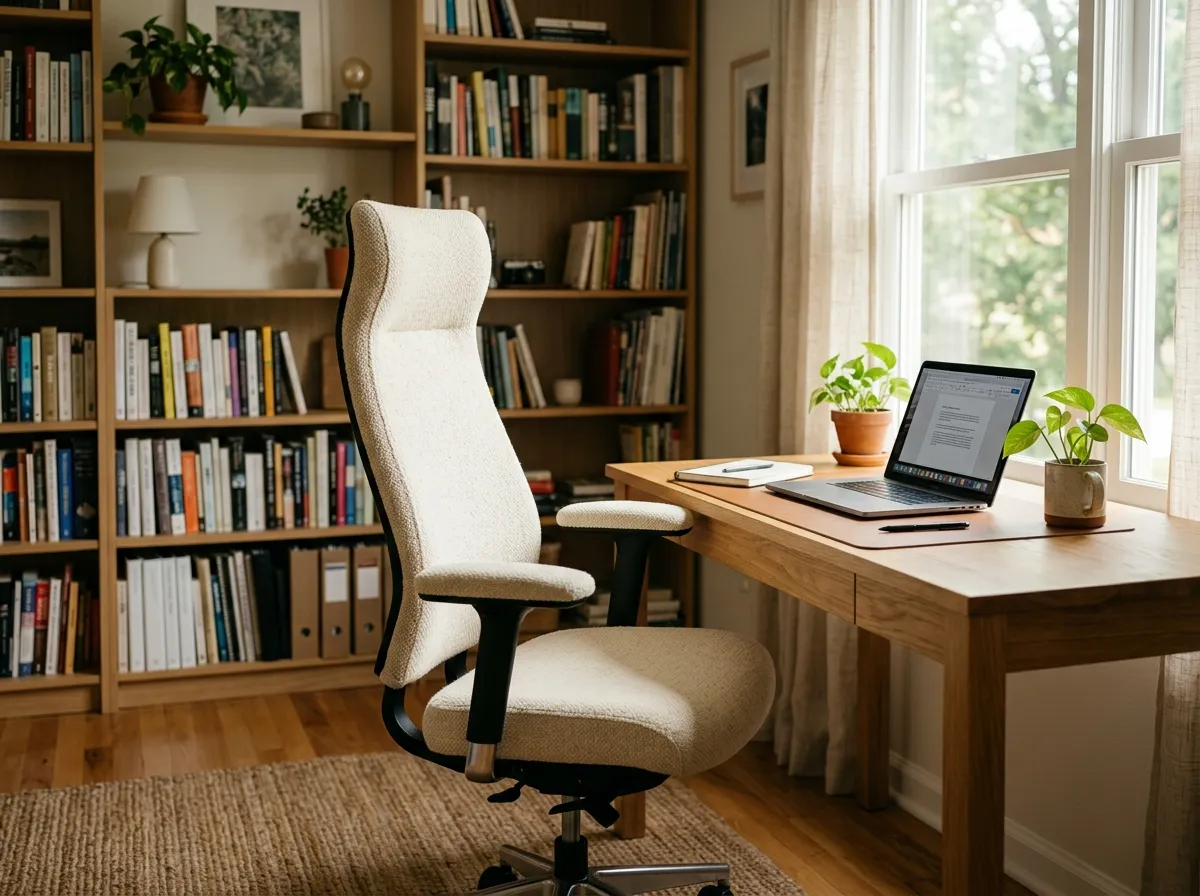 Ergonomic office chair with natural upholstery in a bright home workspace