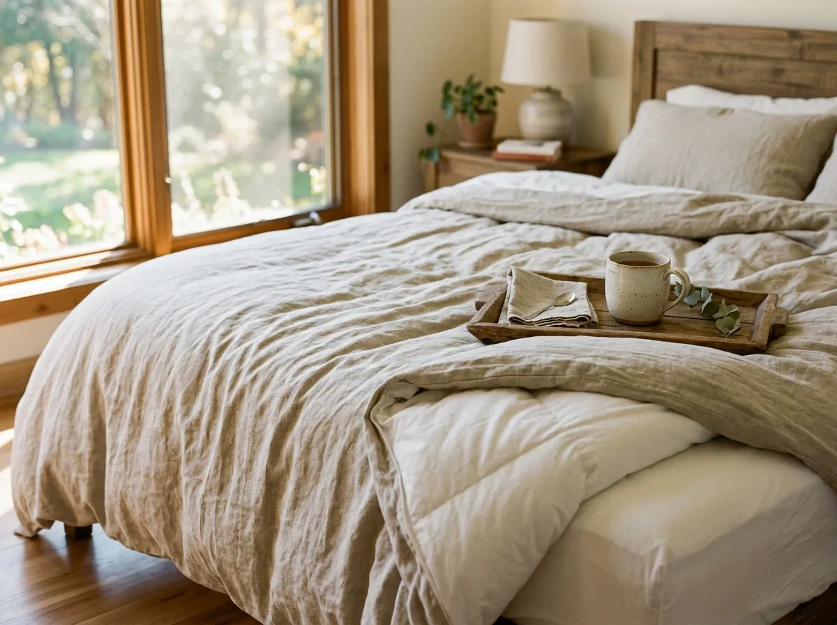 Organic cotton duvet cover draped over a bed in a sunlit bedroom