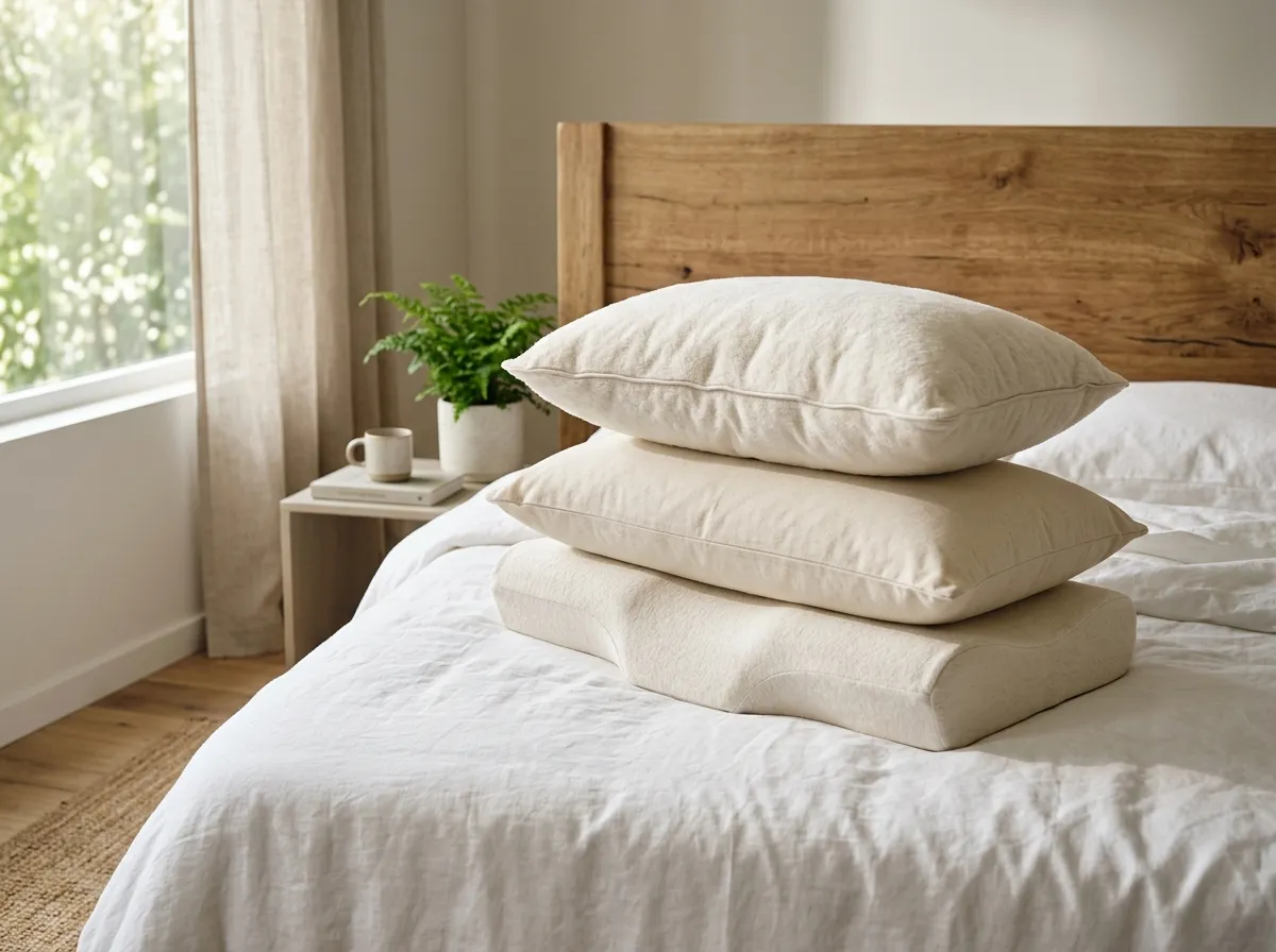 Stack of organic cotton and natural latex pillows on a clean bed