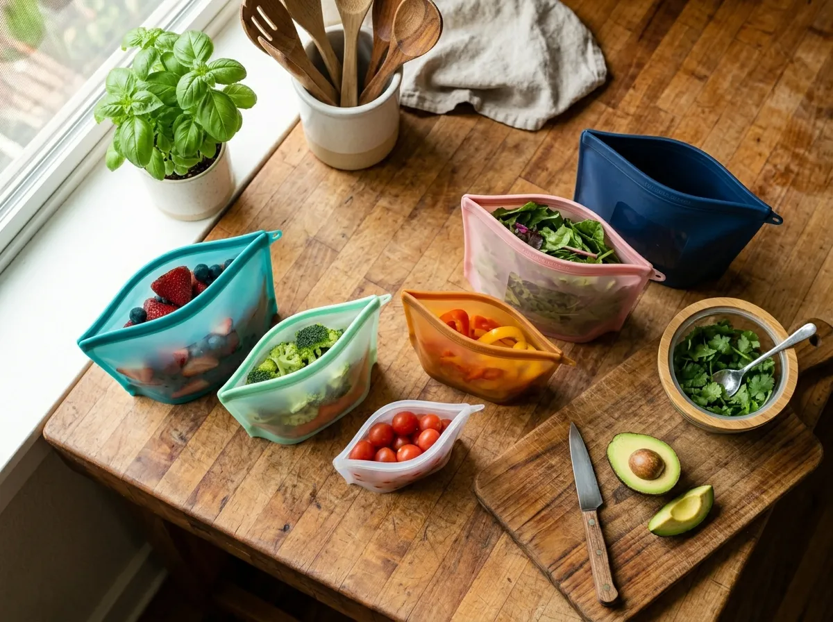Non-toxic food storage bags and beeswax wraps on a kitchen counter