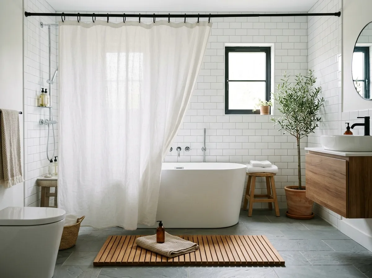 White organic cotton shower curtain in a bright, clean bathroom with natural light