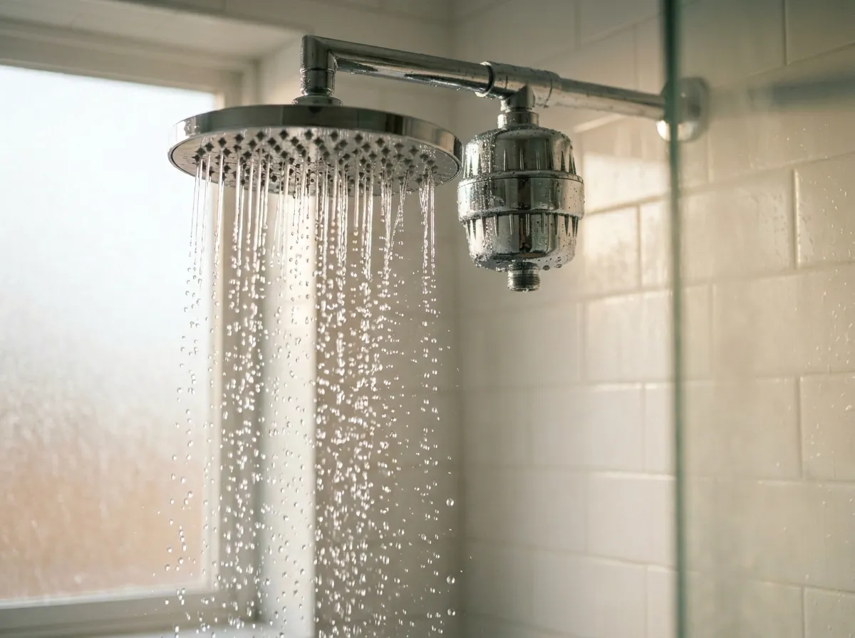 Non-toxic shower filter installed on a modern showerhead in a clean bathroom