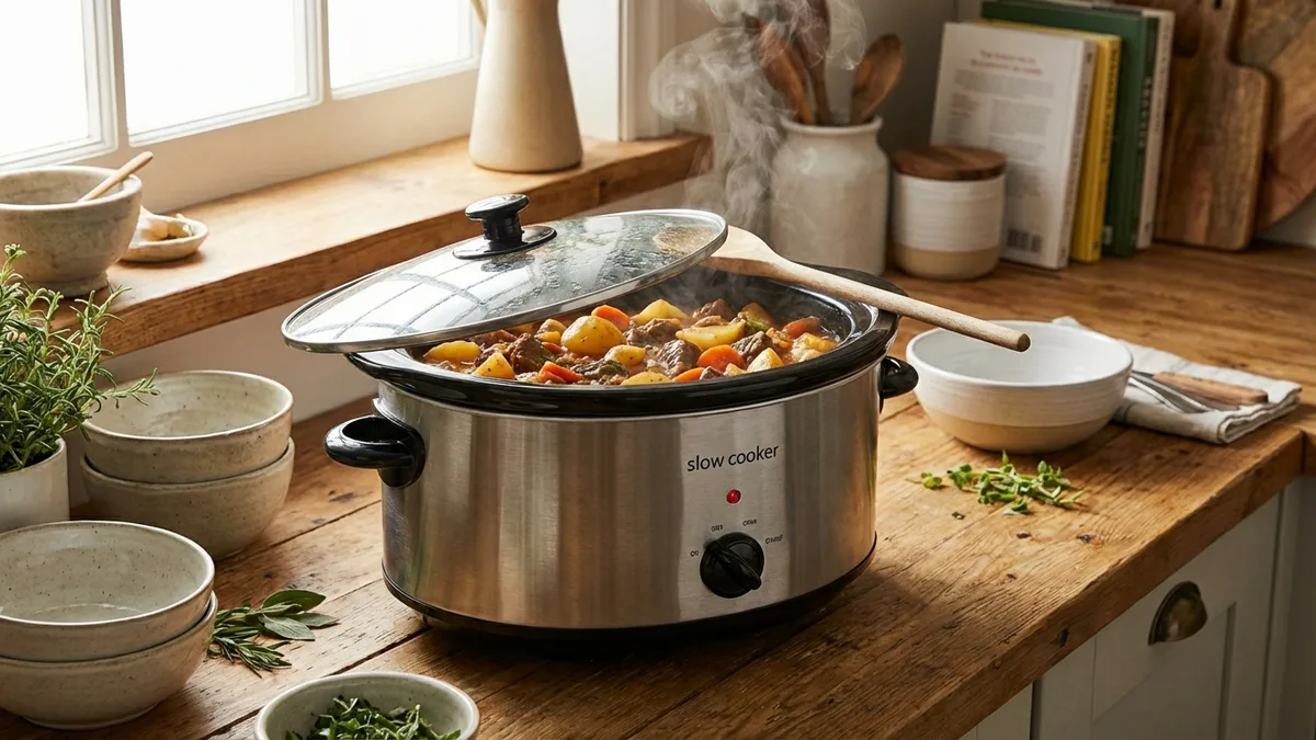 Stainless steel slow cooker on a kitchen counter with fresh vegetables nearby
