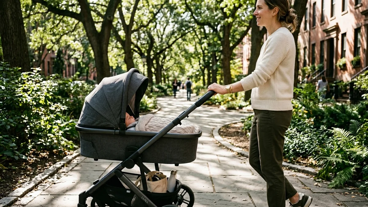 Non-toxic stroller in a park setting with a toddler