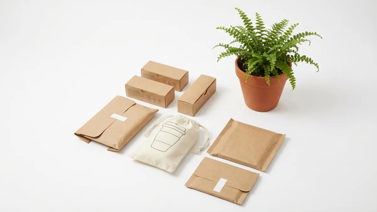 Organic cotton tampons and pads in minimal packaging on a clean bathroom shelf