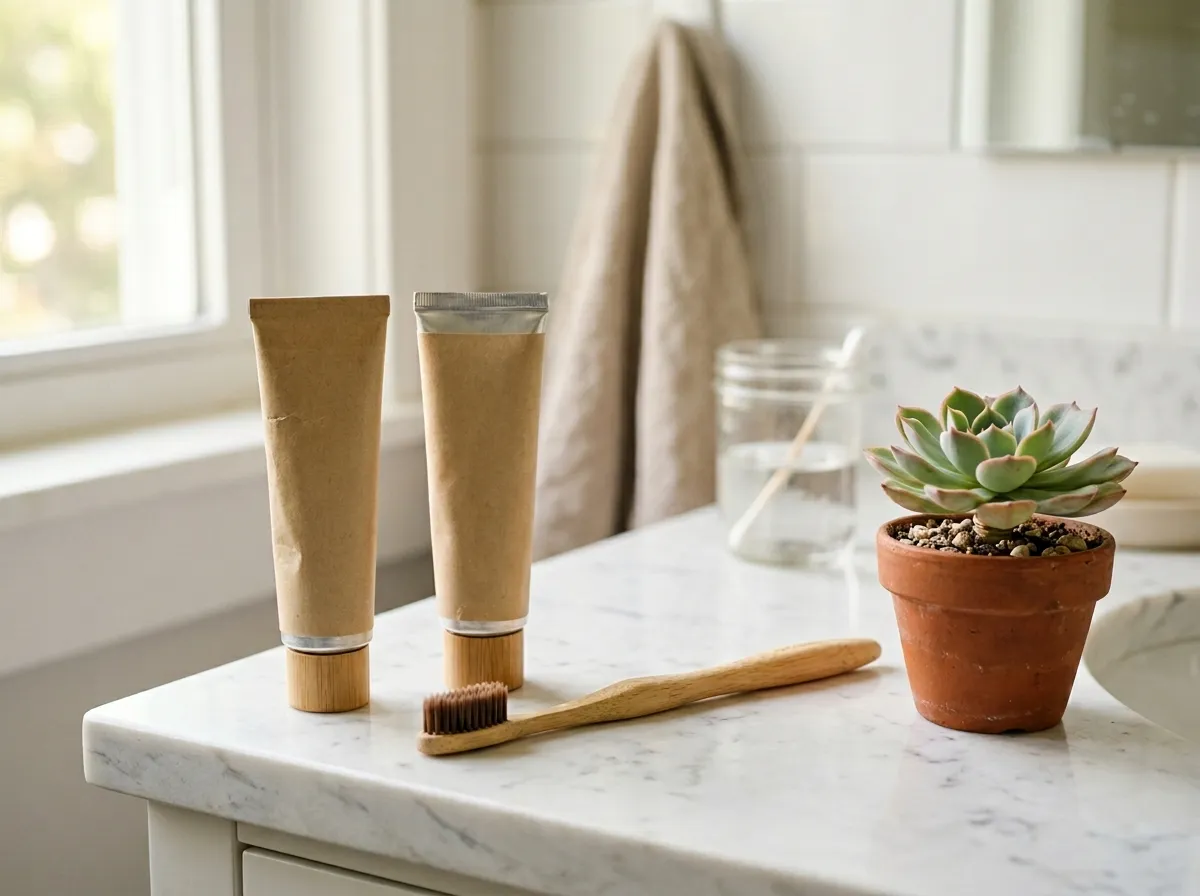 Non-toxic toothpaste tubes and tablets on a bathroom shelf